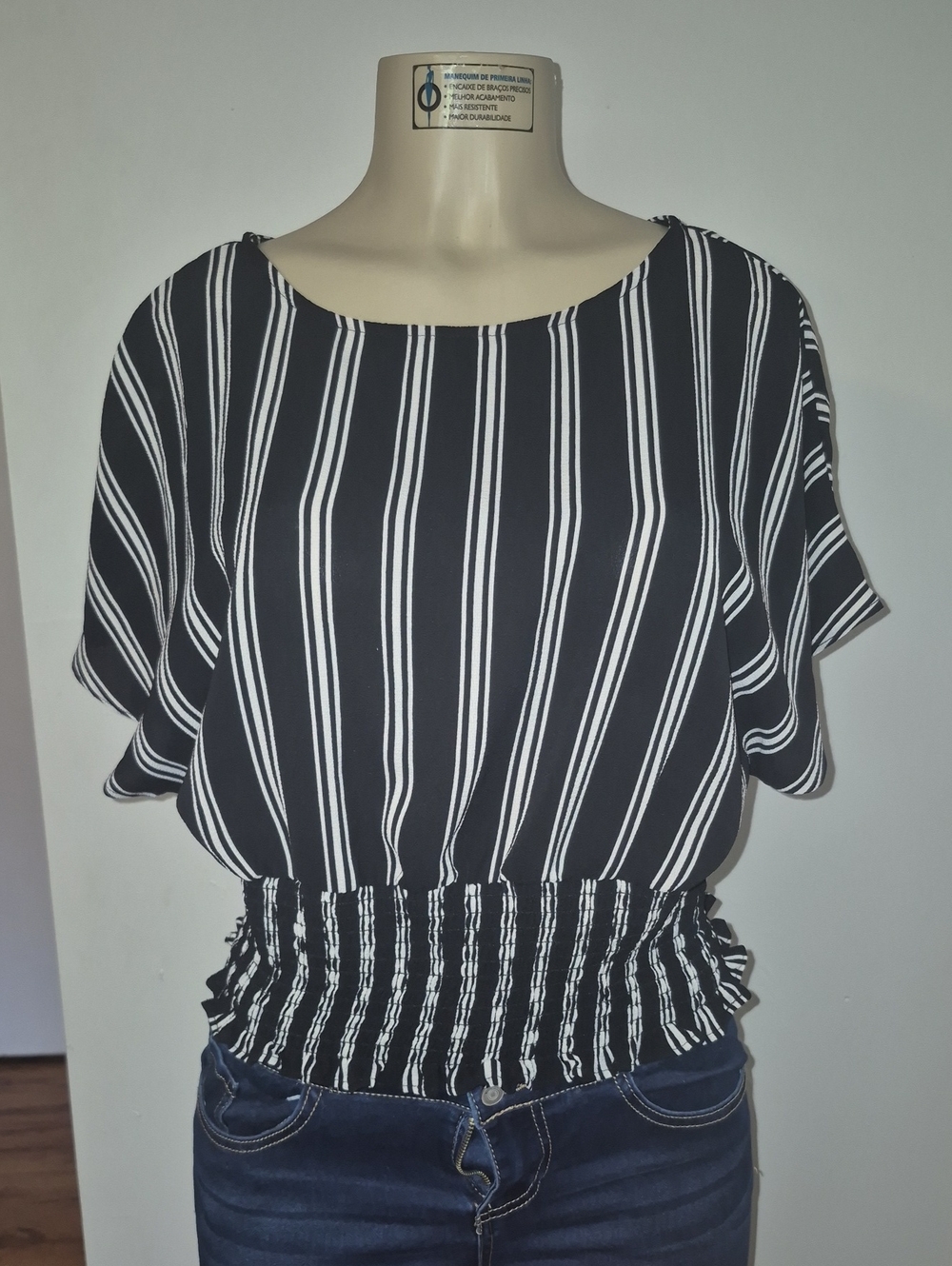 Lily White Black & White Vertical Stripe Short Sleeve Smocked Top